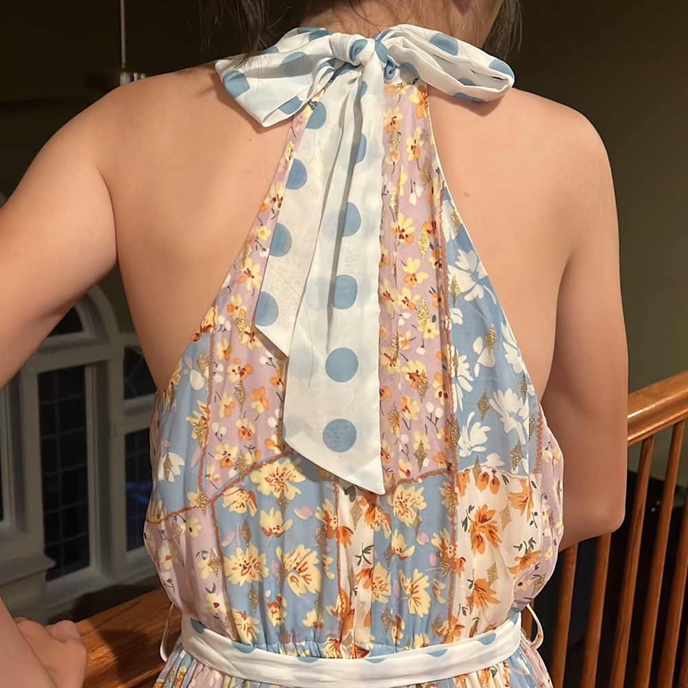 FOREVER UNIQUE Halter Gold Blue Purple Floral Handkerchief Hem Dress, Sz 2 NWT - Picture 5 of 12